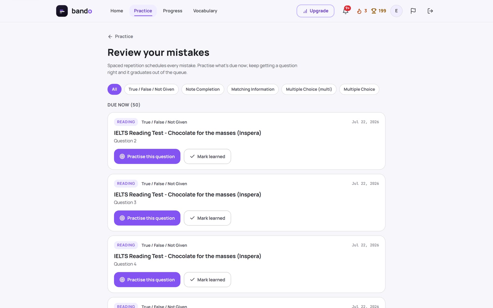 Экран «Review your mistakes» в bando: интервальные повторения с фильтрами по типам вопросов (True/False/Not Given, Note Completion, Matching Information, Multiple Choice), очередью «Due now (50)» и карточками вопросов с кнопками «Practise this question» и «Mark learned».