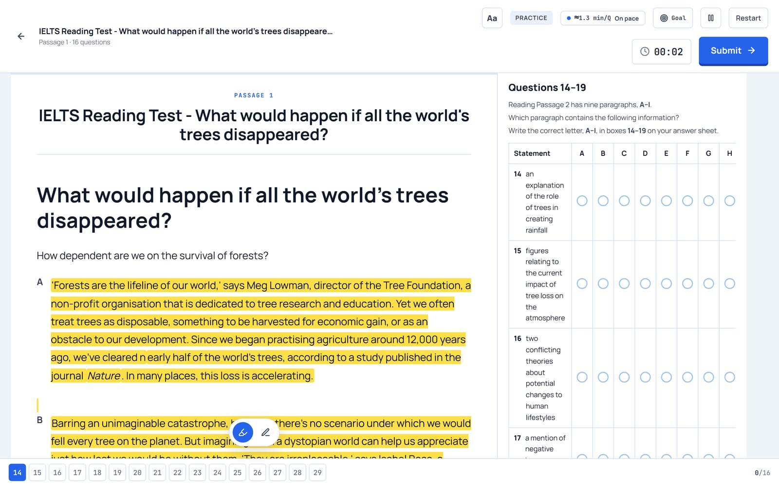 Плеер тренажёра Reading в bando: слева пассаж «What would happen if all the world's trees disappeared?» с жёлтыми выделениями и плавающим маркером, справа таблица вопросов Matching Information 14–19, сверху чип PRACTICE и темп ≈1.3 min/Q, таймер и кнопка Submit, внизу навигатор вопросов 14–29.