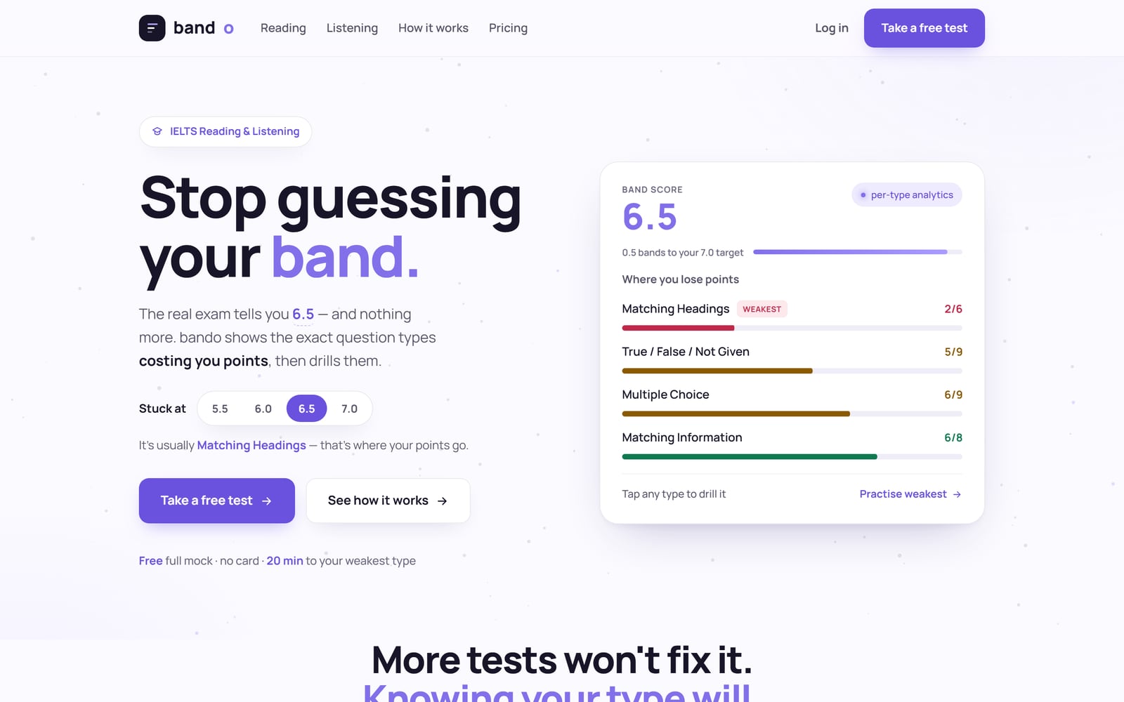Лендинг bando.study: заголовок «Stop guessing your band» и карточка Band Score 6.5 с разбором результата по типам вопросов IELTS — Matching Headings, True/False/Not Given, Multiple Choice.